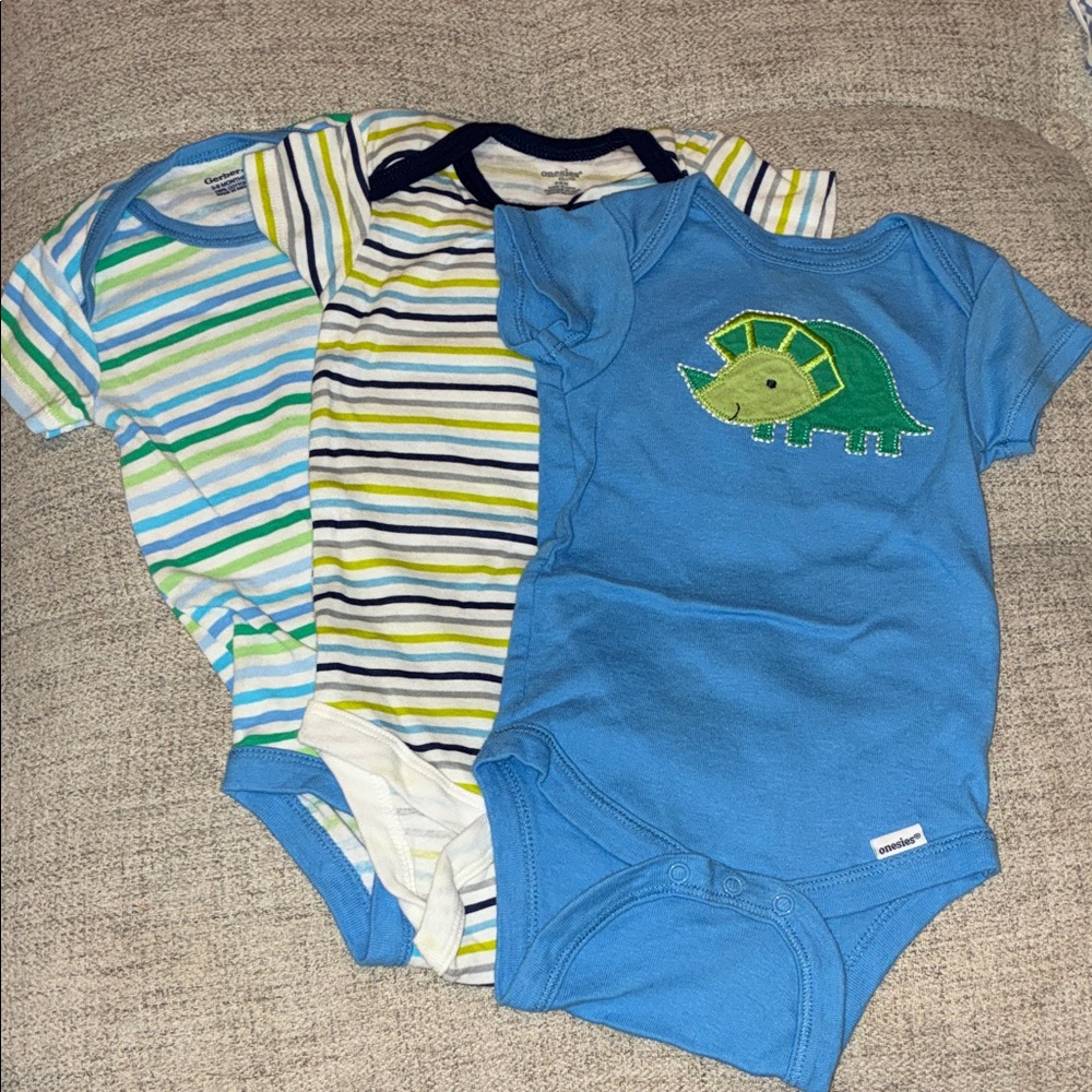 Gerber Blue and Striped Dinosaur Bodysuits